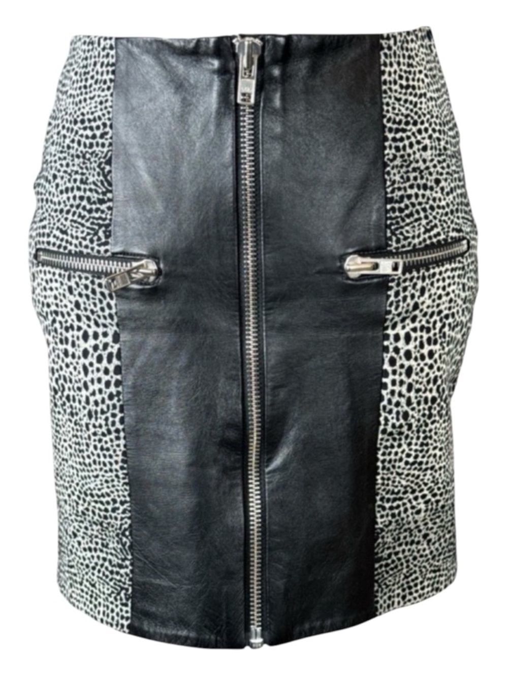 THE KOOPLES Animal Print Mini Skirt w/Lamb Skin Real Leather Insert, Size 36.
